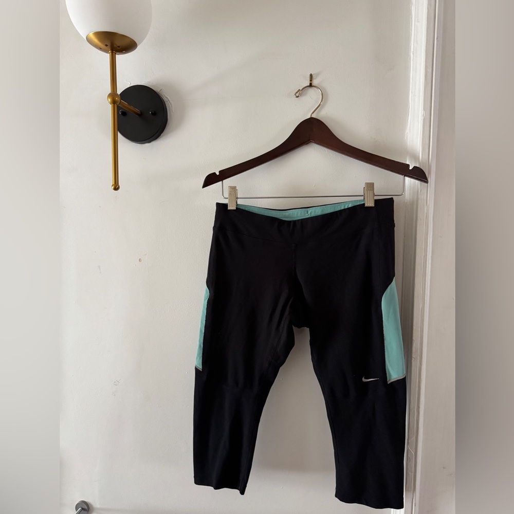 Nike Dri Fit cropped Black Leggings with Mint Accent Panels